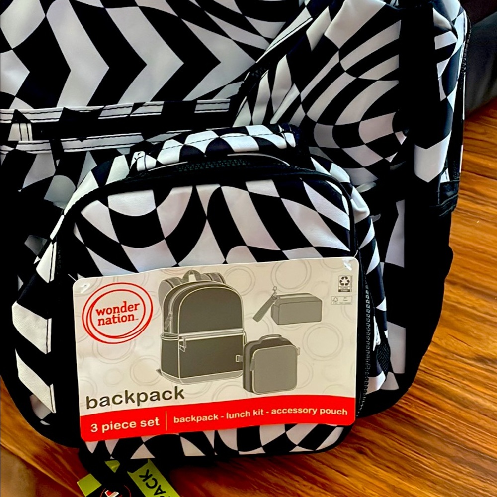 Wonder Nation Backpack with Lunch Box  3-Piece Set Black and White Twisted check
